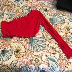 Red one shoulder long sleeve crop